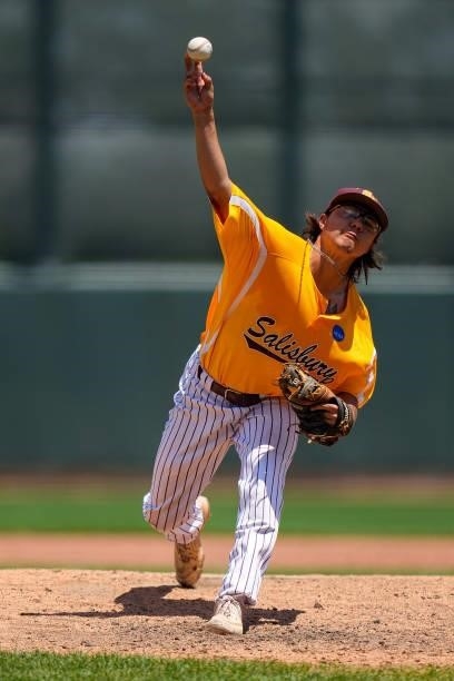 Corey Burton of Salisbury throws to the plate against St. Thomas during the Division III Men's Baseball Championship held at Perfect Game Field at...