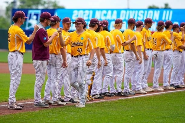 Starting pitcher Benji Thalheimer of Salisbury celebrates with teammates during player introductions before the Division III Men's Baseball...