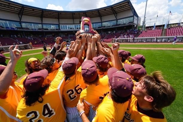 Members of Salisbury celebrate a win against St. Thomas during the Division III Men's Baseball Championship held at Perfect Game Field at Veterans...