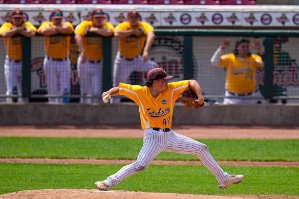 Starting pitcher Benji Thalheimer of Salisbury throws to the plate against St. Thomas during the Division III Men's Baseball Championship held at...
