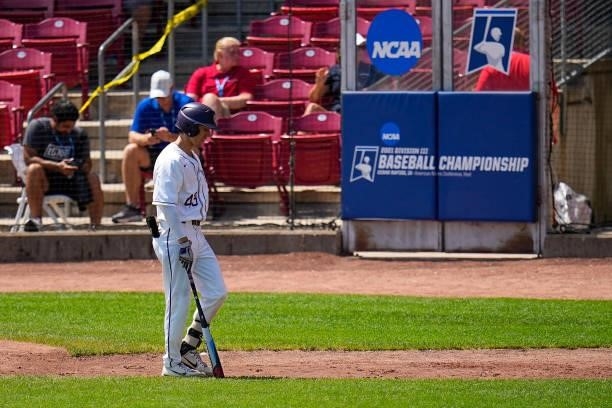 Mike Wallace of St. Thomas hangs his head as he walks back to the dugout after striking out against Salisbury during the Division III Men's Baseball...