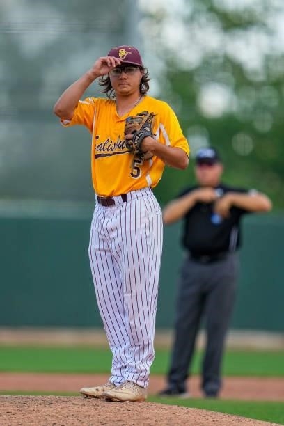 Corey Burton of Salisbury reacts on the mound against St. Thomas during the Division III Men's Baseball Championship held at Perfect Game Field at...