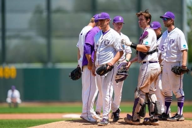 Andrew Tri of St. Thomas leaves the mound after being pulled against Salisbury during the Division III Men's Baseball Championship held at Perfect...