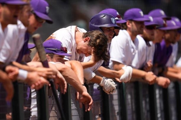 Charlie Bartholomew of St. Thomas reacts in the final inning against Salisbury during the Division III Men's Baseball Championship held at Perfect...
