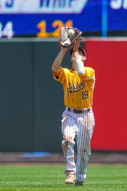 Cameron Hyder of Salisbury catches a fly ball against St. Thomas during the Division III Men's Baseball Championship held at Perfect Game Field at...