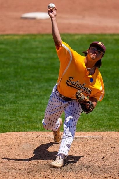 Corey Burton of Salisbury throws to the plate against St. Thomas during the Division III Men's Baseball Championship held at Perfect Game Field at...