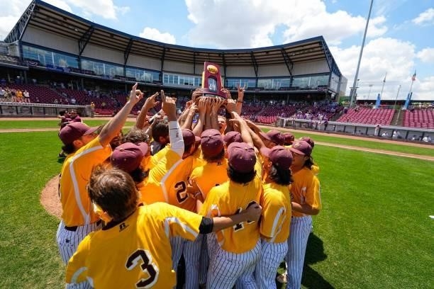 Members of Salisbury celebrate a win against St. Thomas during the Division III Men's Baseball Championship held at Perfect Game Field at Veterans...
