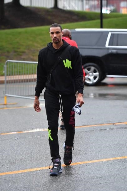 George Hill of the Philadelphia 76ers arrives prior to a game against the Atlanta Hawks during Round 2, Game 2 of the Eastern Conference Playoffs on...