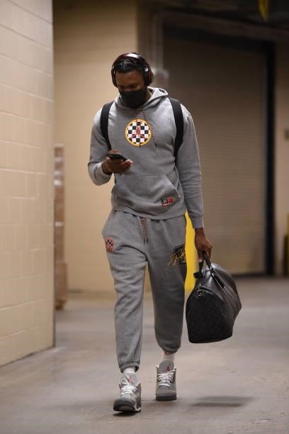 Bruno Fernando of the Atlanta Hawks arrives prior to a game against the Philadelphia 76ers during Round 2, Game 2 of the Eastern Conference Playoffs...