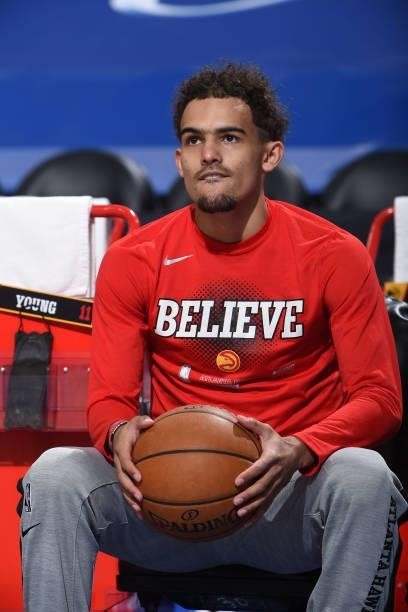 Trae Young of the Atlanta Hawks warms up prior to a game against the Philadelphia 76ers during Round 2, Game 2 of the Eastern Conference Playoffs on...