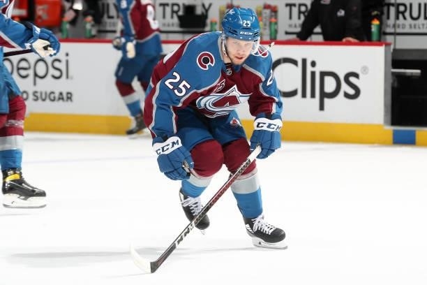 Logan O'Connor of the Colorado Avalanche skates during warm ups prior to Game Five of the Second Round of the 2021 Stanley Cup Playoffs against the...