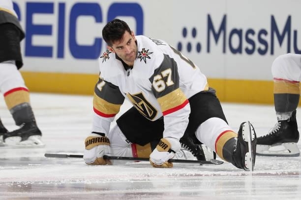 Max Pacioretty of the Vegas Golden Knights stretches during warm ups prior to Game Five of the Second Round of the 2021 Stanley Cup Playoffs against...
