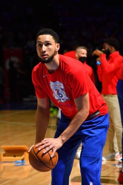 Ben Simmons of the Philadelphia 76ers warms up prior to a game against the Atlanta Hawks during Round 2, Game 2 of the Eastern Conference Playoffs on...