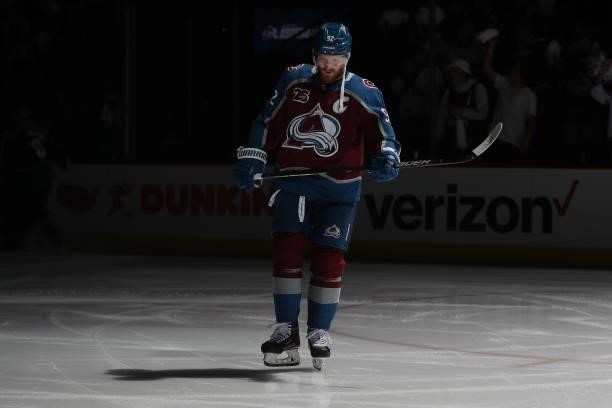 Gabriel Landeskog of the Colorado Avalanche skates prior to the game against the Vegas Golden Knights in Game Five of the Second Round of the 2021...