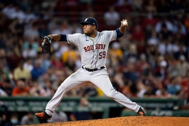 Framber Valdez of the Houston Astros delivers during the seventh inning of a game against the Boston Red Sox on June 8, 2021 at Fenway Park in...