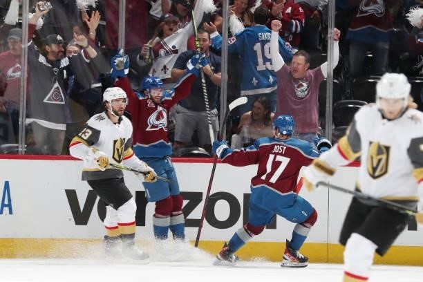 Brandon Saad of the Colorado Avalanche celebrates a goal against the Vegas Golden Knights with teammate Tyson Jost in Game Five of the Second Round...