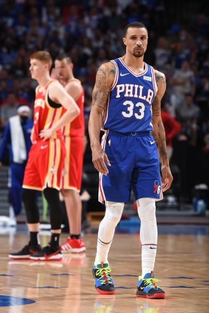 George Hill of the Philadelphia 76ers looks on during a game against the Atlanta Hawks during Round 2, Game 2 of the Eastern Conference Playoffs on...