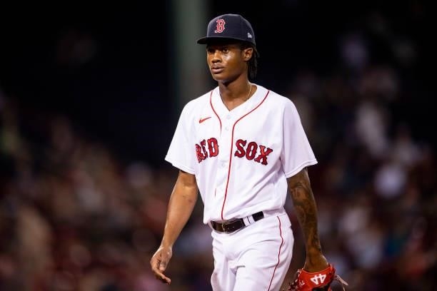 Phillips Valdez of the Boston Red Sox reacts during the eighth inning of a game against the Houston Astros on June 8, 2021 at Fenway Park in Boston,...