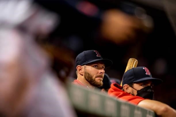 Chris Sale of the Boston Red Sox looks on during the ninth inning of a game against the Houston Astros on June 8, 2021 at Fenway Park in Boston,...