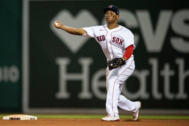 Rafael Devers of the Boston Red Sox throws during the seventh inning of a game against the Houston Astros on June 8, 2021 at Fenway Park in Boston,...