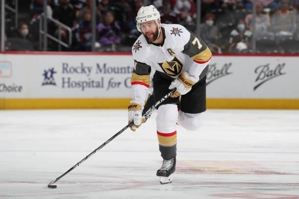 Alex Pietrangelo of the Vegas Golden Knights skates against the Colorado Avalanche in Game Five of the Second Round of the 2021 Stanley Cup Playoffs...