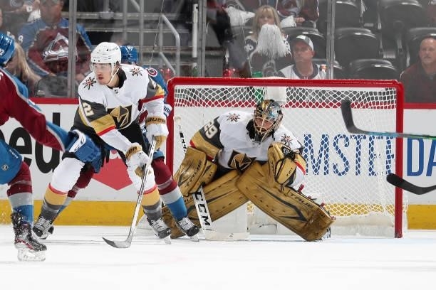 Goaltender Marc-Andre Fleury of the Vegas Golden Knights watches action against the Colorado Avalanche in Game Five of the Second Round of the 2021...