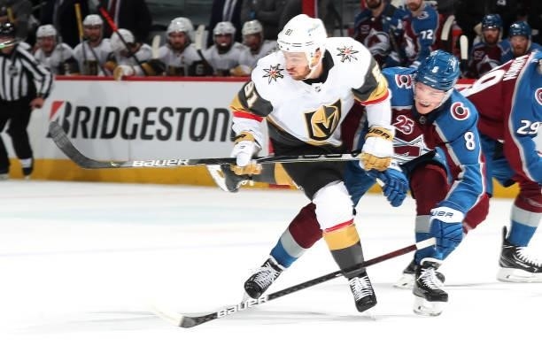 Cale Makar of the Colorado Avalanche defends against Jonathan Marchessault of the Vegas Golden Knights in Game Five of the Second Round of the 2021...