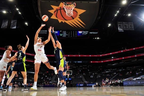Brianna Turner of the Phoenix Mercury shoots the ball against the Dallas Wings on June 8, 2021 at Phoenix Suns Arena in Phoenix, Arizona. NOTE TO...