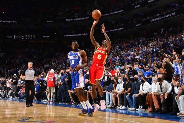 Lou Williams of the Atlanta Hawks shoots the ball against the Philadelphia 76ers during Round 2, Game 2 of the Eastern Conference Playoffs on June 8,...