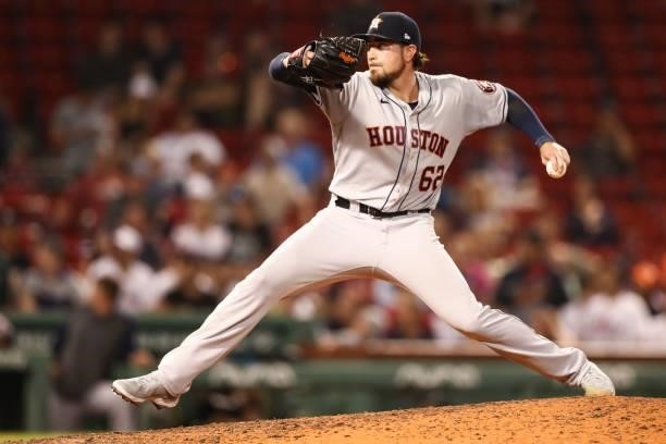 Blake Taylor of the Houston Astros pitches in the ninth inning of a game against the Boston Red Sox at Fenway Park on June 8, 2021 in Boston,...