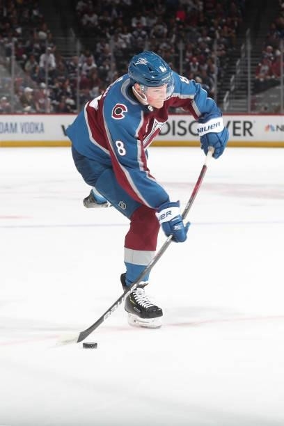 Cale Makar of the Colorado Avalanche takes a shot against the Vegas Golden Knights in Game Five of the Second Round of the 2021 Stanley Cup Playoffs...