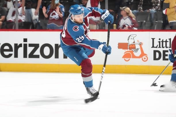 Nathan MacKinnon of the Colorado Avalanche skates during warm ups prior to Game Five of the Second Round of the 2021 Stanley Cup Playoffs against the...