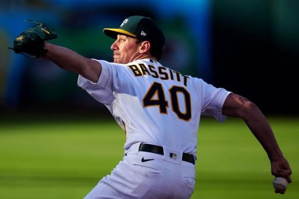 Chris Bassitt of the Oakland Athletics pitches during the game between the Arizona Diamondbacks and the Oakland Athletics at Oakland Coliseum on...