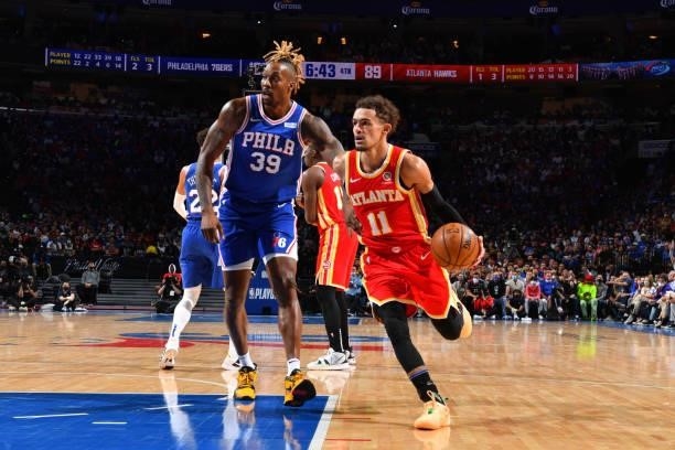 Trae Young of the Atlanta Hawks drives to the basket against the Philadelphia 76ers during Round 2, Game 2 of the Eastern Conference Playoffs on June...