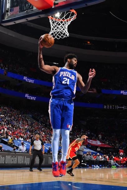 Joel Embiid of the Philadelphia 76ers grabs the rebound against the Atlanta Hawks during Round 2, Game 2 of the Eastern Conference Playoffs on June...
