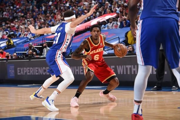 Lou Williams of the Atlanta Hawks handles the ball against the Philadelphia 76ers during Round 2, Game 2 of the Eastern Conference Playoffs on June...