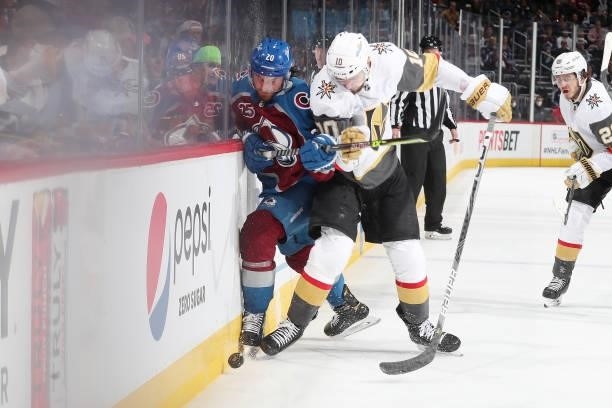 Brandon Saad of the Colorado Avalanche battles for position against Nicolas Roy of the Vegas Golden Knights in Game Five of the Second Round of the...
