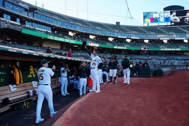 Stephen Piscotty of the Oakland Athletics acknowledges the crowd during the pre-game ceremony prior to the game between the Arizona Diamondbacks and...