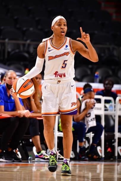 Shey Peddy of the Phoenix Mercury calls play during the game against the Dallas Wings on June 8, 2021 at Phoenix Suns Arena in Phoenix, Arizona. NOTE...