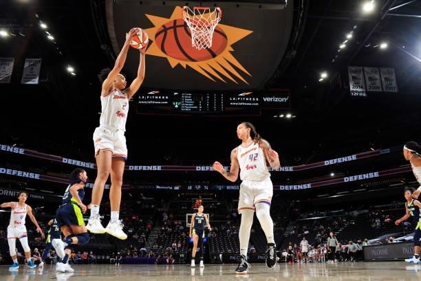 Megan Walker of the Phoenix Mercury rebounds during the game against the Dallas Wings on June 8, 2021 at Phoenix Suns Arena in Phoenix, Arizona. NOTE...
