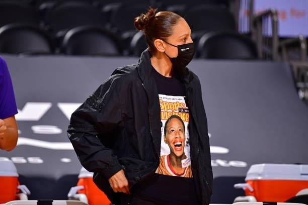 Diana Taurasi of the Phoenix Mercury looks on during the game against the Dallas Wings on June 8, 2021 at Phoenix Suns Arena in Phoenix, Arizona....