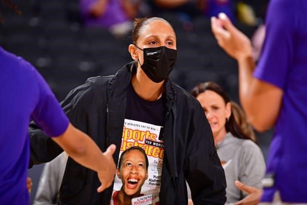 Diana Taurasi of the Phoenix Mercury cheers on teammates during the game against the Dallas Wings on June 8, 2021 at Phoenix Suns Arena in Phoenix,...