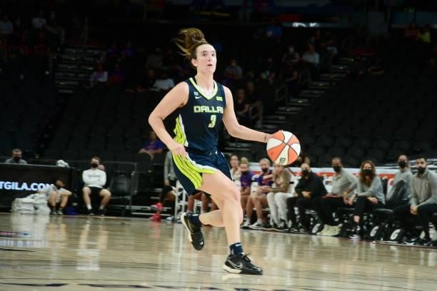 Marina Mabrey of the Dallas Wings handles the ball against the Phoenix Mercury on June 8, 2021 at Phoenix Suns Arena in Phoenix, Arizona. NOTE TO...