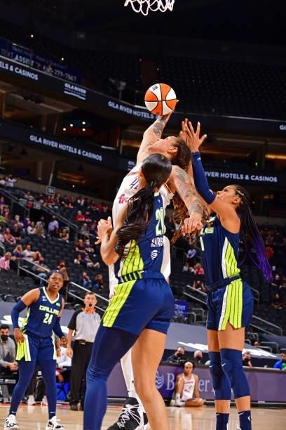 Brittney Griner of the Phoenix Mercury rebounds against the Dallas Wingson June 8, 2021 at Phoenix Suns Arena in Phoenix, Arizona. NOTE TO USER: User...