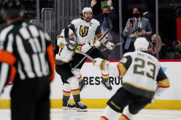 Mark Stone of the Vegas Golden Knights celebrates a game-winning goal against the Colorado Avalanche in Game Five of the Second Round of the 2021...