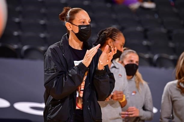 Diana Taurasi of the Phoenix Mercury cheers on teammates during the game against the Dallas Wings on June 8, 2021 at Phoenix Suns Arena in Phoenix,...