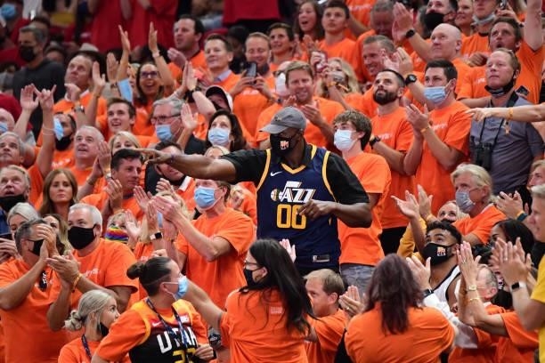 Legend Karl Malone cheers during the game between the LA Clippers and the Utah Jazz during Round 2, Game 1 of the 2021 NBA Playoffs on June 8, 2021...