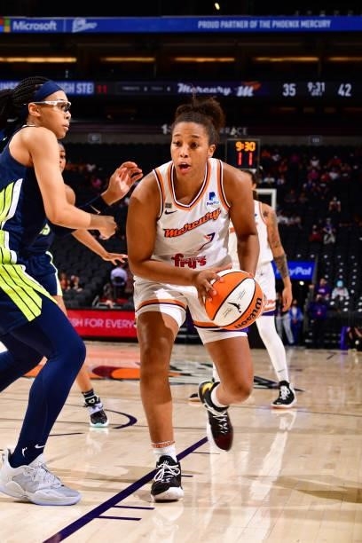 Megan Walker of the Phoenix Mercury drives to the basket against the Dallas Wings on June 8, 2021 at Phoenix Suns Arena in Phoenix, Arizona. NOTE TO...