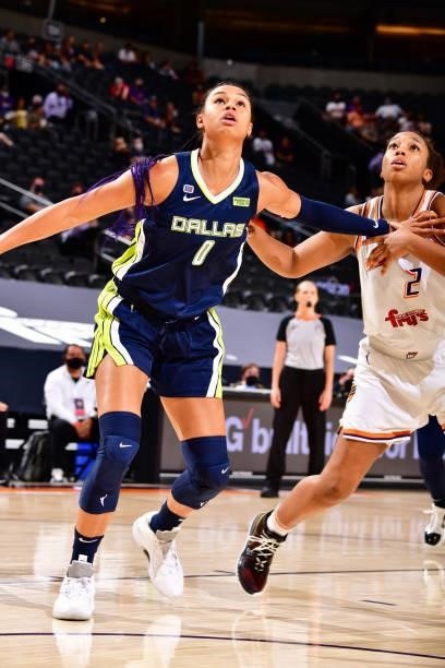 Satou Sabally of the Dallas Wings fights for rebound during the game against the Phoenix Mercury on June 8, 2021 at Phoenix Suns Arena in Phoenix,...