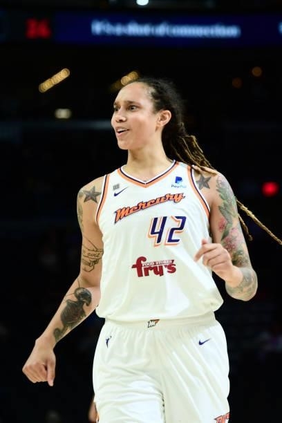 Brittney Griner of the Phoenix Mercury smiles during the game against the Dallas Wings on June 8, 2021 at Phoenix Suns Arena in Phoenix, Arizona....